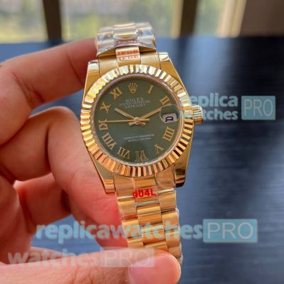 Rolex 31mm Datejust Green Roman and Yellow Gold Presidential strap